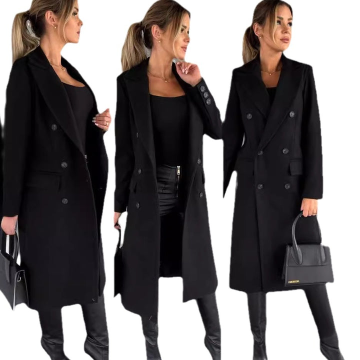 Damen Eleganter Doppelreiher-Mantel mit strukturiertem Stoff und taillierbarem Gürtel Drune