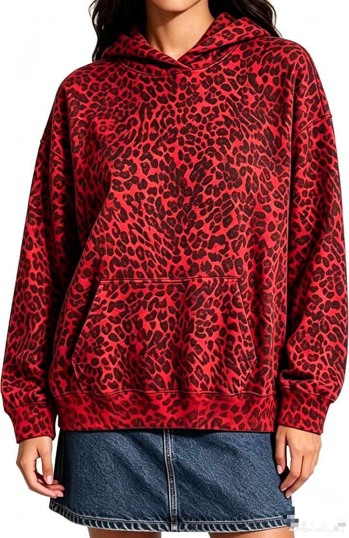 Damen Oversize-Kapuzenpullover mit Leomuster, Kängurutasche und überschnittener Schulter Drune