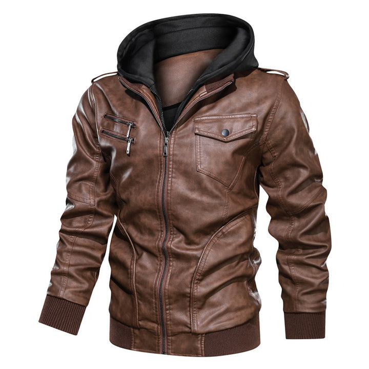 Herren Lederoptik Kapuzenjacke im Bikerstil mit Reißverschlusstaschen und Rippbündchen Drune