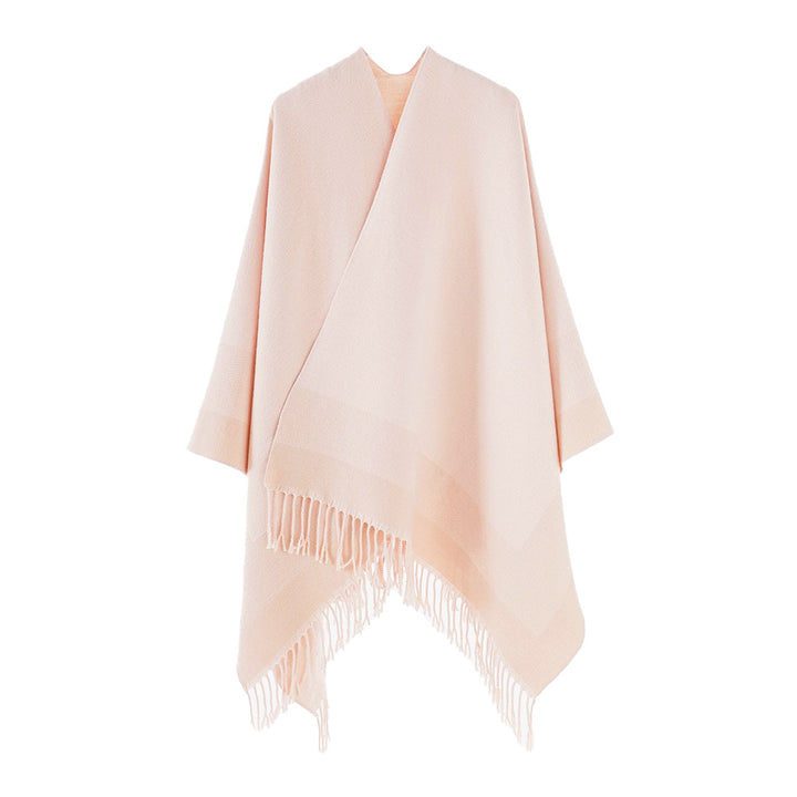 Damen Wollmix-Capeponcho mit kontrastierter Kante, großem Oversize-Fall und Fransensaum Drune