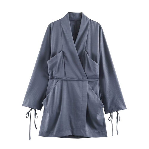 Damen Kimono‑Wickeljacke mit Taillengürtel, weitem Ärmel und asymmetrischen aufgesetzten Taschen Drune