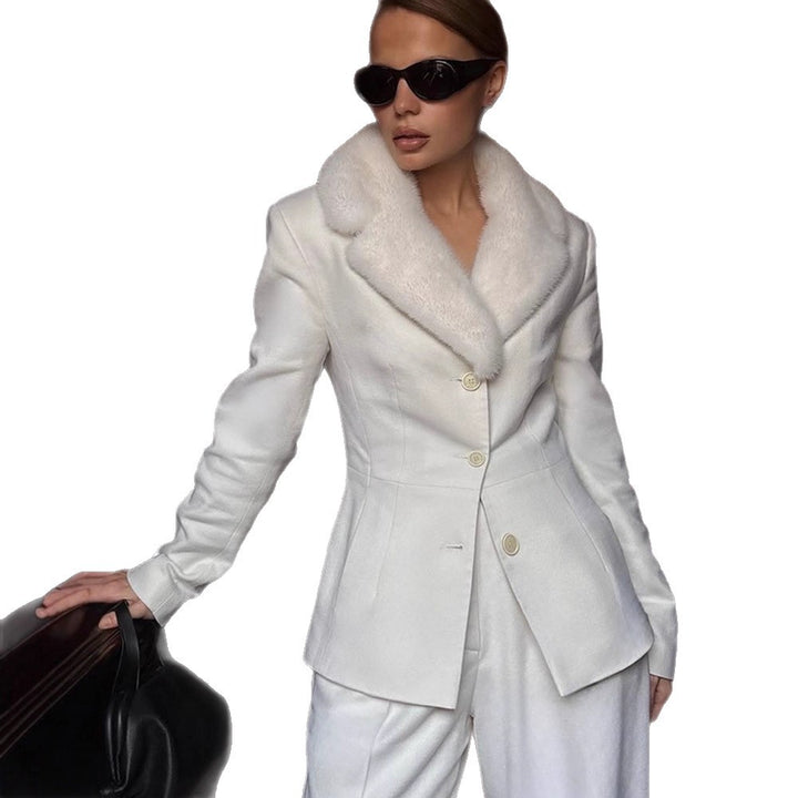 Damen Taillierter Blazer mit Webpelz‑Schalkragen & weite Bundfaltenhose Drune
