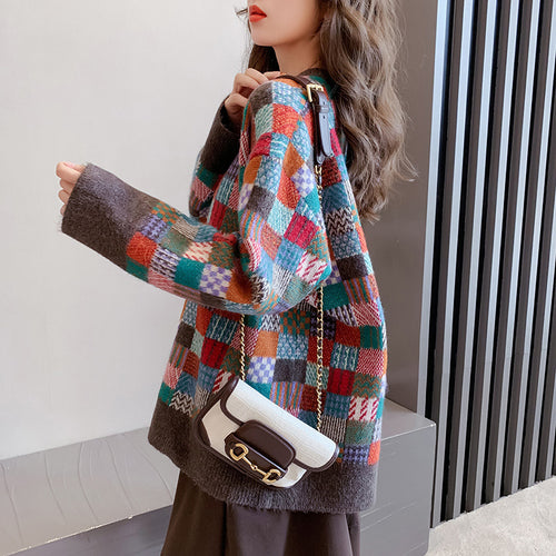 Damen Modischer Pullover mit Karomuster und lässigem Schnitt Drune