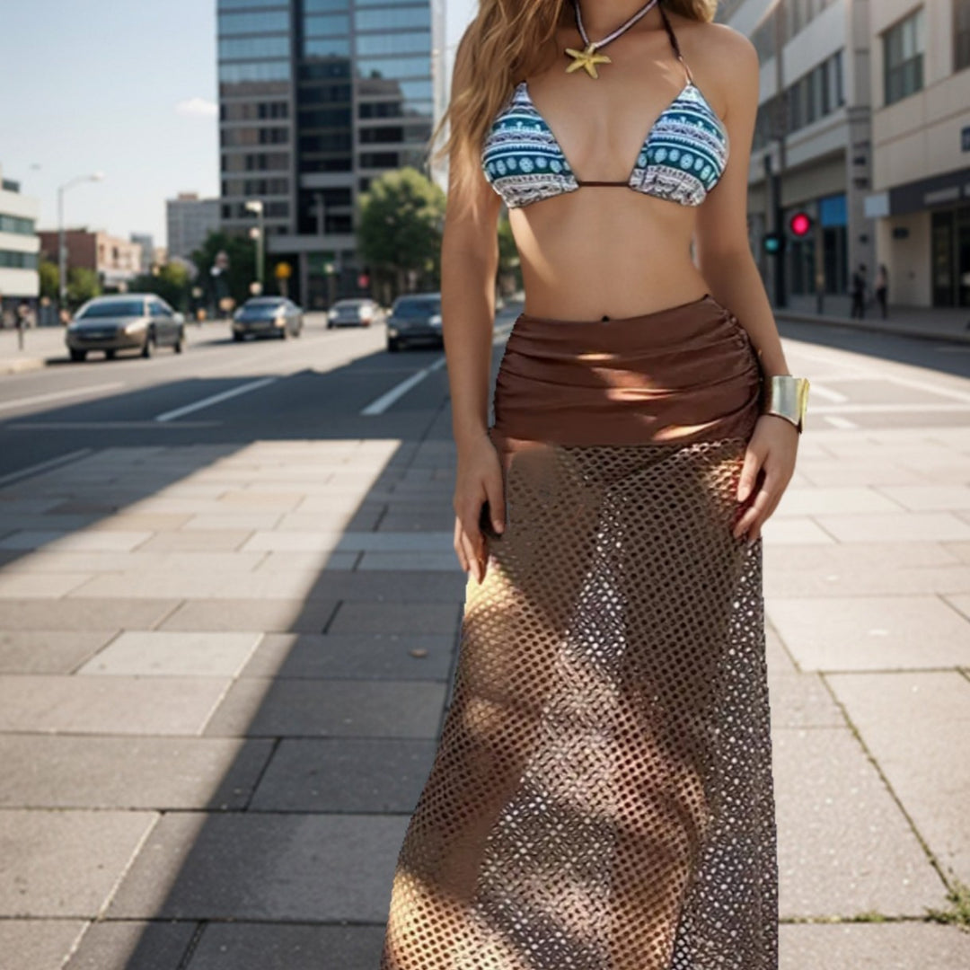 Damen Bikini-Set mit geometrischem Druck und transparenter Strick-Überschlag Drune