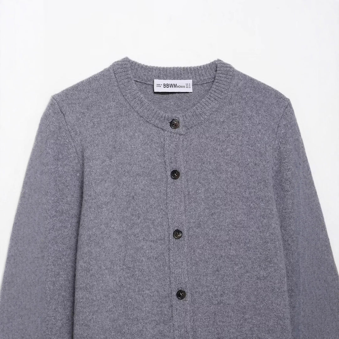 Damen Kurzgeschnittener Feinstrick-Cardigan mit Rundhalsausschnitt und Rippbündchen Drune