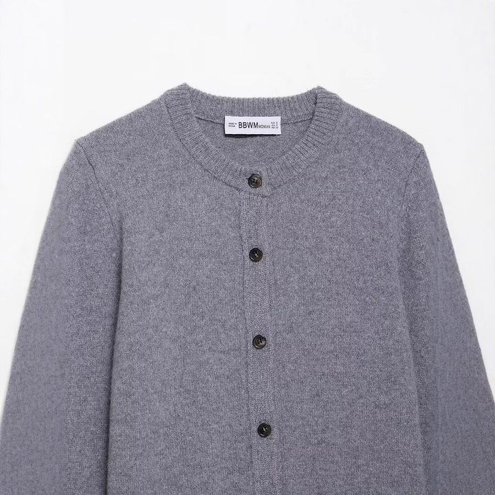 Damen Kurzgeschnittener Feinstrick-Cardigan mit Rundhalsausschnitt und Rippbündchen Drune