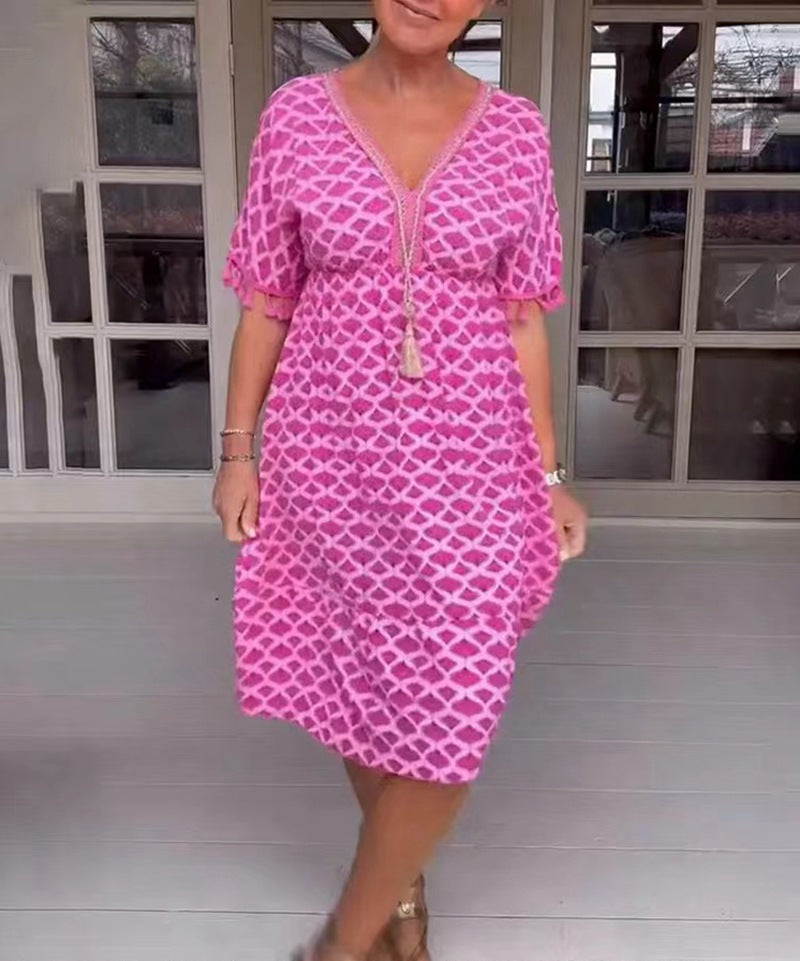Damen nan lässiges V-Ausschnitt Strandkleid mit Quastenbindeband und Volantrock Drune