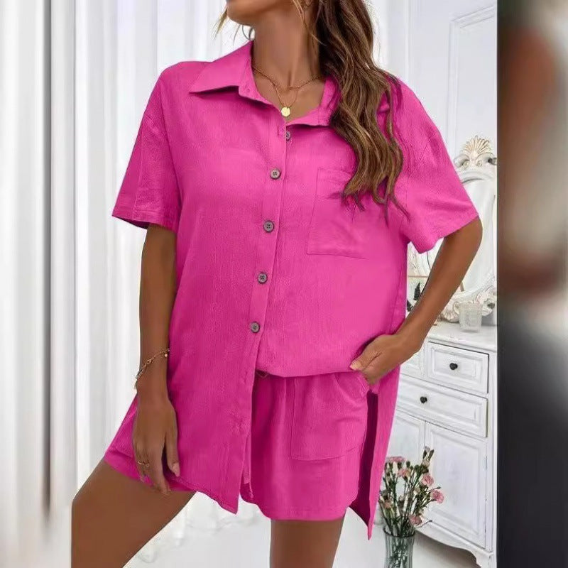 Damen luftiges Zweiteiliges Set mit Hemdbluse und Shorts Drune