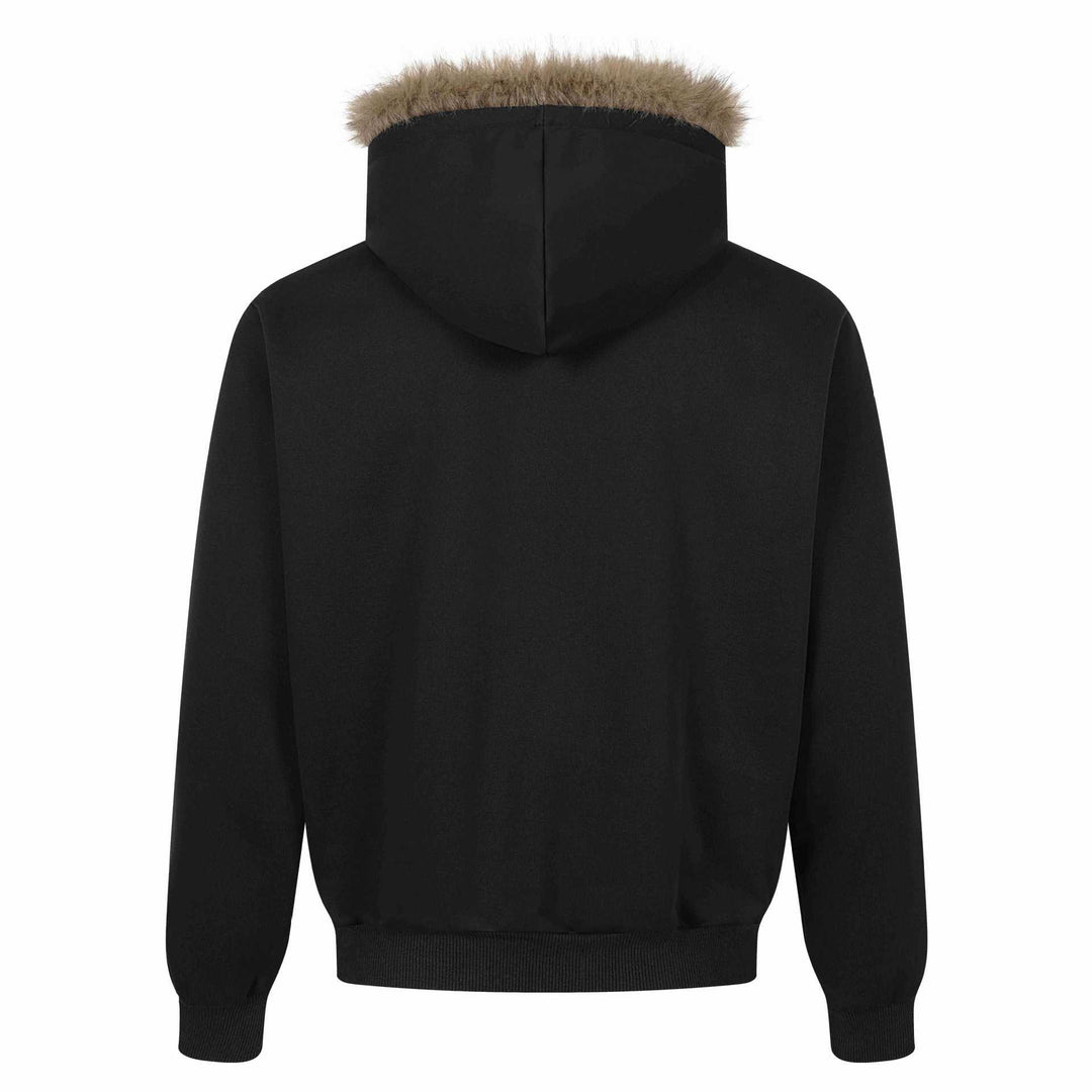 Damen Kapuzen‑Sweatjacke mit Kunstfellbesatz, Frontzip und Collage‑Print Drune