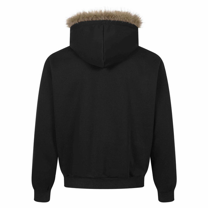 Damen Kapuzen‑Sweatjacke mit Kunstfellbesatz, Frontzip und Collage‑Print Drune