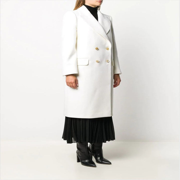 Damen Schlanker Zweireihiger Wollmix‑Longmantel mit Schalkragen, Goldknopf‑Detail und Pattentaschen Drune
