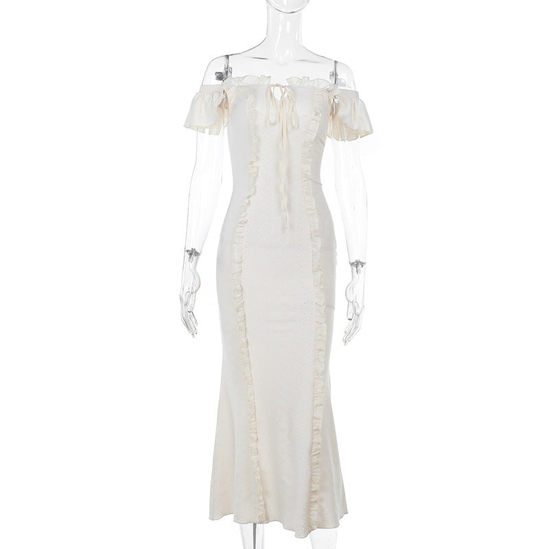 Damen schulterfreies Maxikleid mit Rüschendetails und taillierter Silhouette Drune