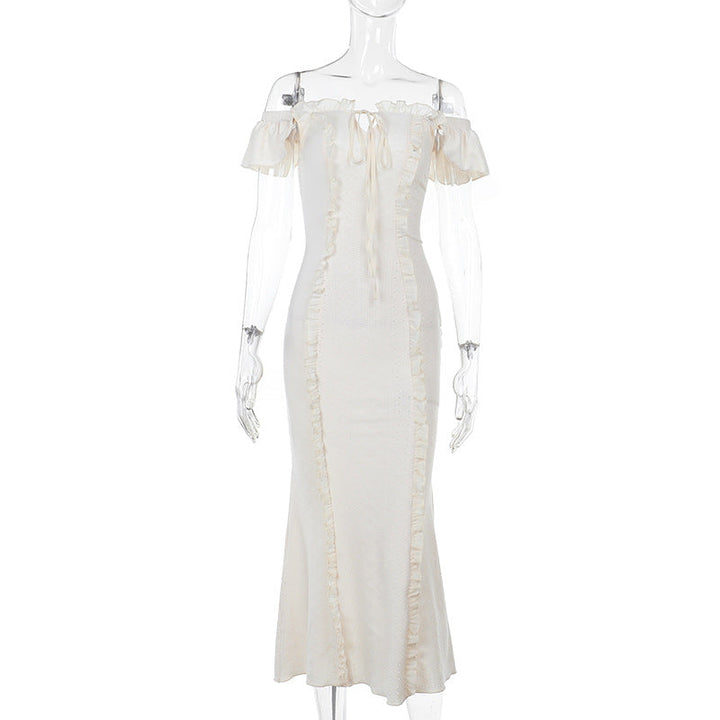 Damen schulterfreies Maxikleid mit Rüschendetails und taillierter Silhouette Drune