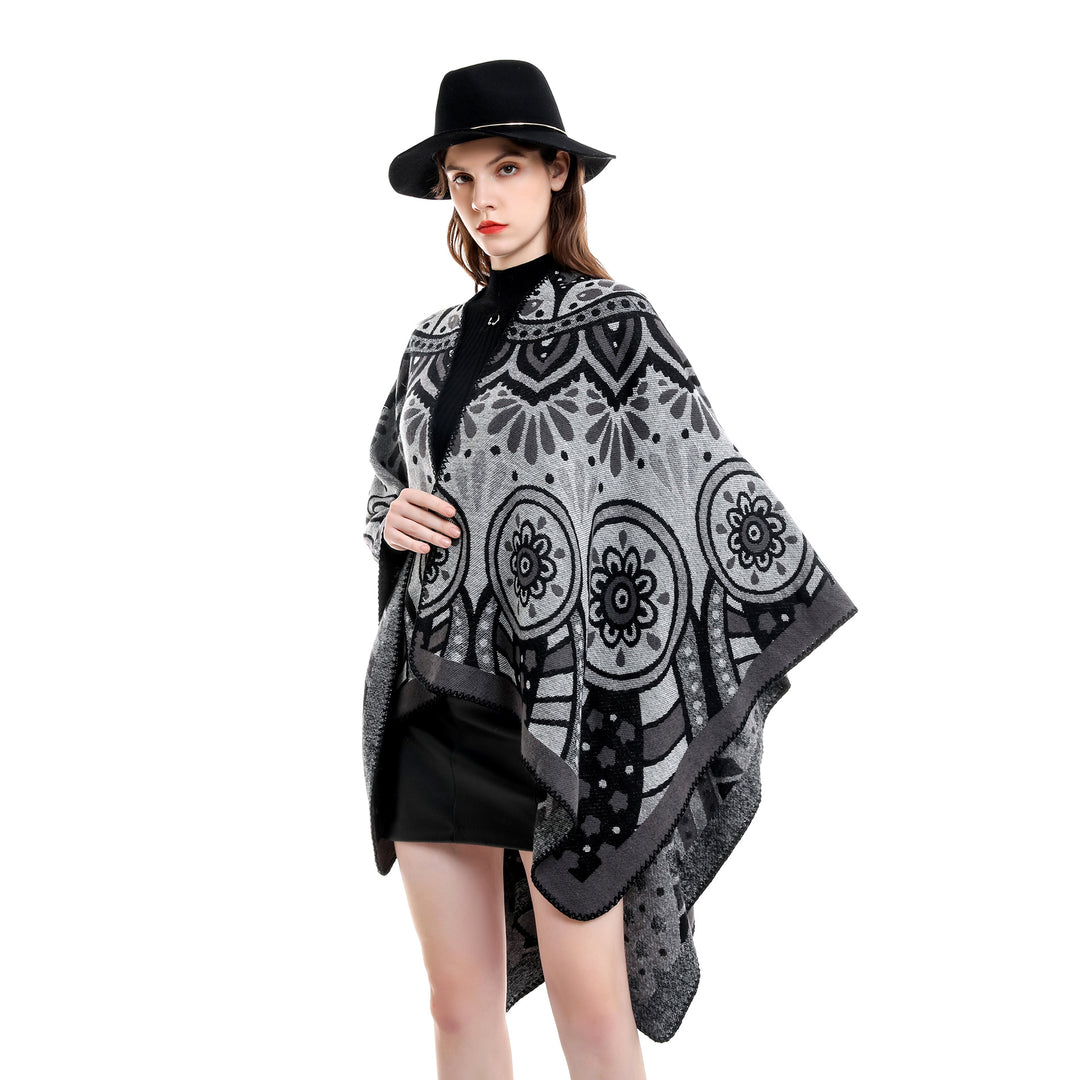 Damen Wollmix-Umhangponcho mit ornamentaler Jacquardstruktur und offenem Fall Drune