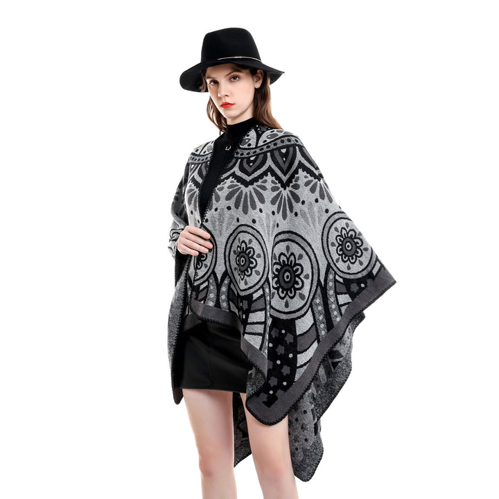 Damen Wollmix-Umhangponcho mit ornamentaler Jacquardstruktur und offenem Fall Drune