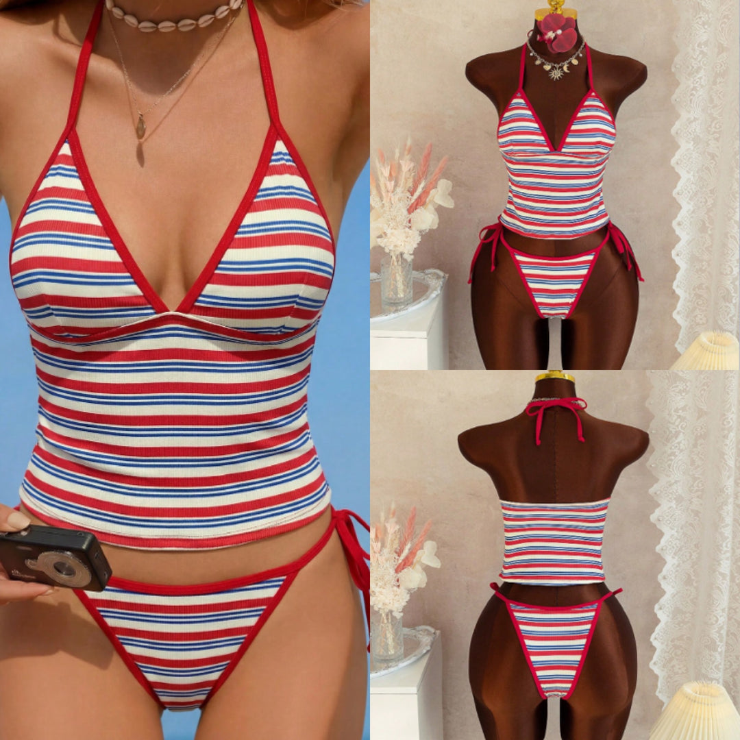 Damen Hochgeschnittener Streifen-Bikini mit verstellbaren Bändern Drune