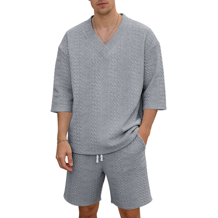 Unisex nan lässiges Lounge-Set mit V-Ausschnitt-Oberteil und Kordelbund-Shorts Drune