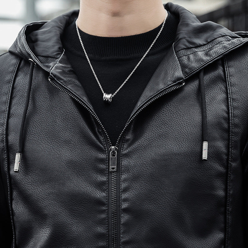 Herren Modische Kunstlederjacke mit verstellbarer Kapuze Drune