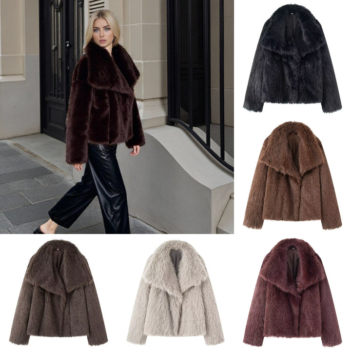 Damen Kurzer Boxy-Faux-Fur-Mantel mit großzügigem Schalkragen und weichem Innenfutter Drune
