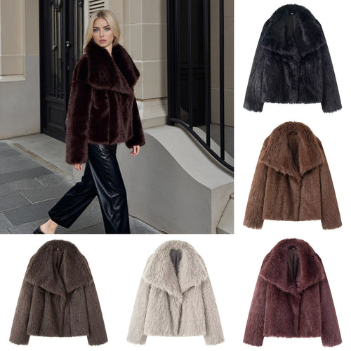 Damen Kurzer Boxy-Faux-Fur-Mantel mit großzügigem Schalkragen und weichem Innenfutter Drune