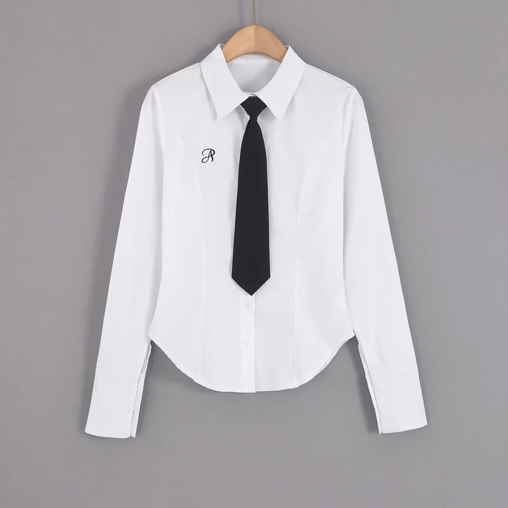 Damen klassische Bluse mit eleganter Krawatte Drune