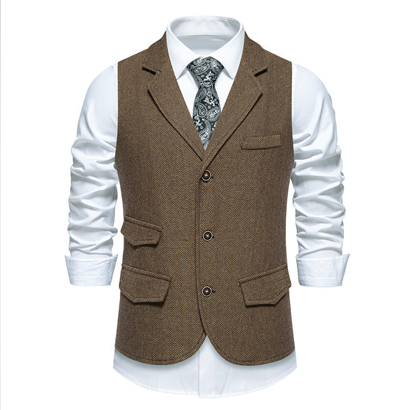 Herren Tweed-Weste mit Fischgrätstruktur, Reverskragen und Pattentaschen Drune