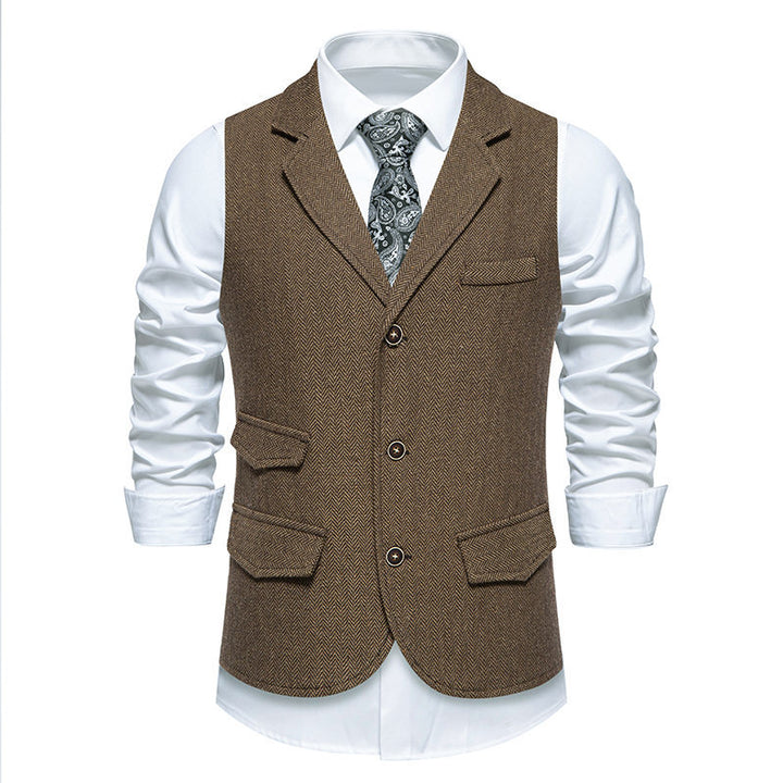 Herren Tweed-Weste mit Fischgrätstruktur, Reverskragen und Pattentaschen Drune