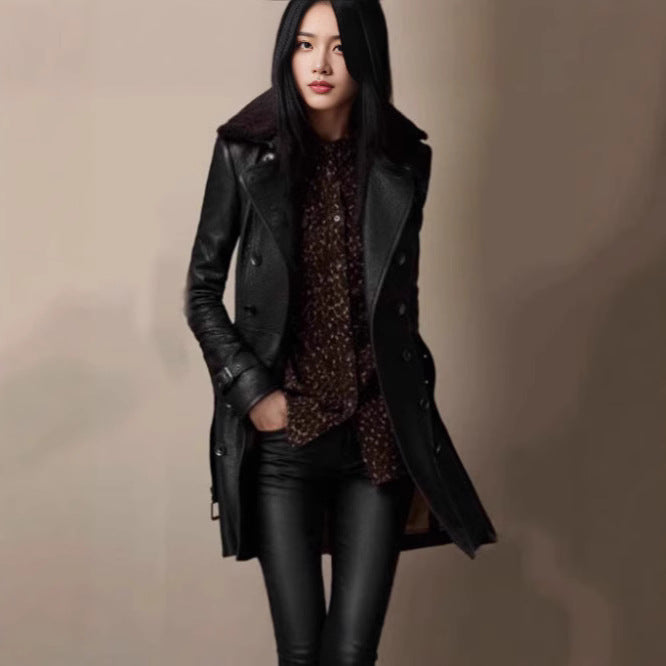 Damen edler Leder-Trenchcoat mit verschließbarem Kragen und raffinierten Details Drune
