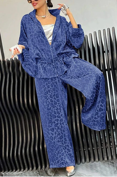 Damen sportlicher Freizeitanzug mit elegantem Leopardenmuster und weiten Hosen Drune