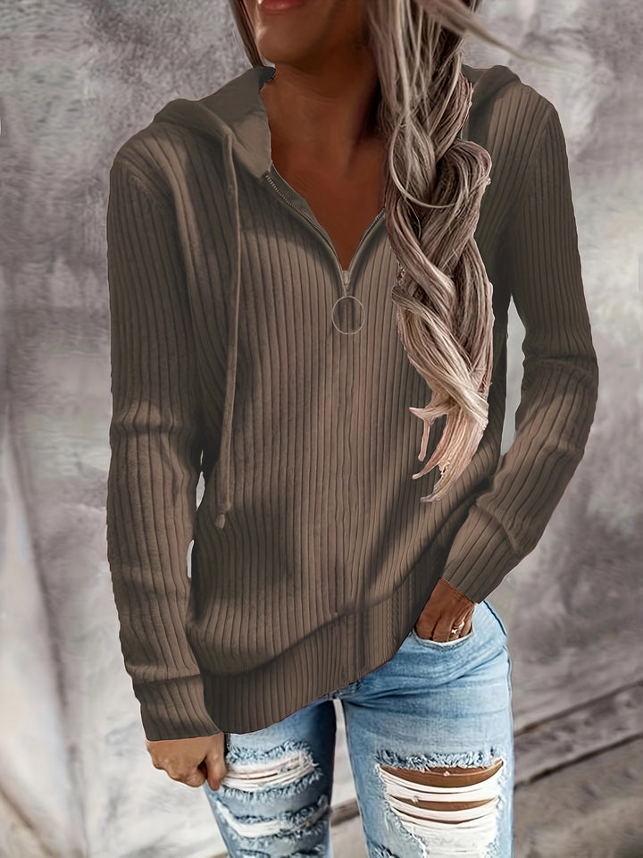 Damen Lässiger Rippstrick-Hoodie mit halbhohem Reißverschluss und Ringzipper Drune