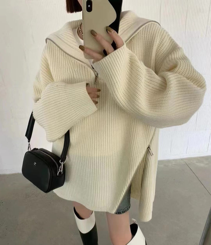 Damen Oversized Strickpullover mit Reißverschluss und seitlichen Schlitzen Drune