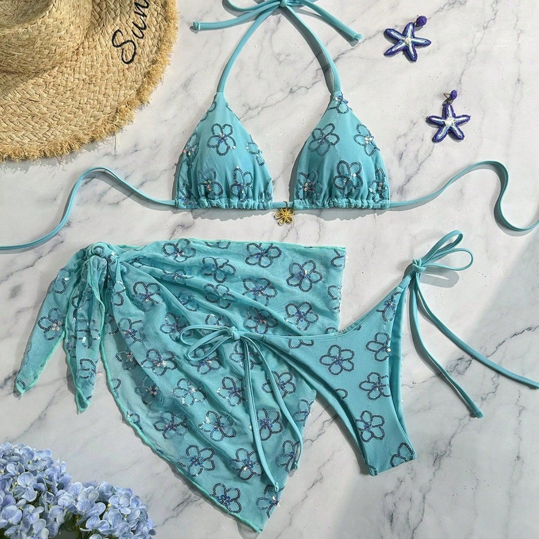 Damen blütenverzierter Bikini mit farbenfrohem Überrock Drune