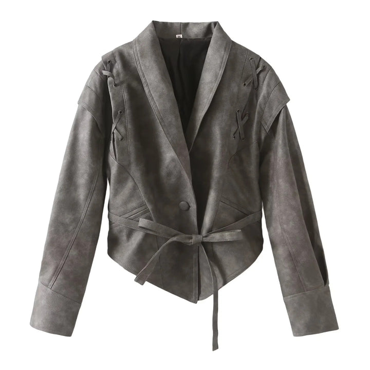 Damen nan Veloursoptik Blazerjacke mit Schalkragen, Schnürbesatz an den Schultern und taillierendem Bindegürtel Drune