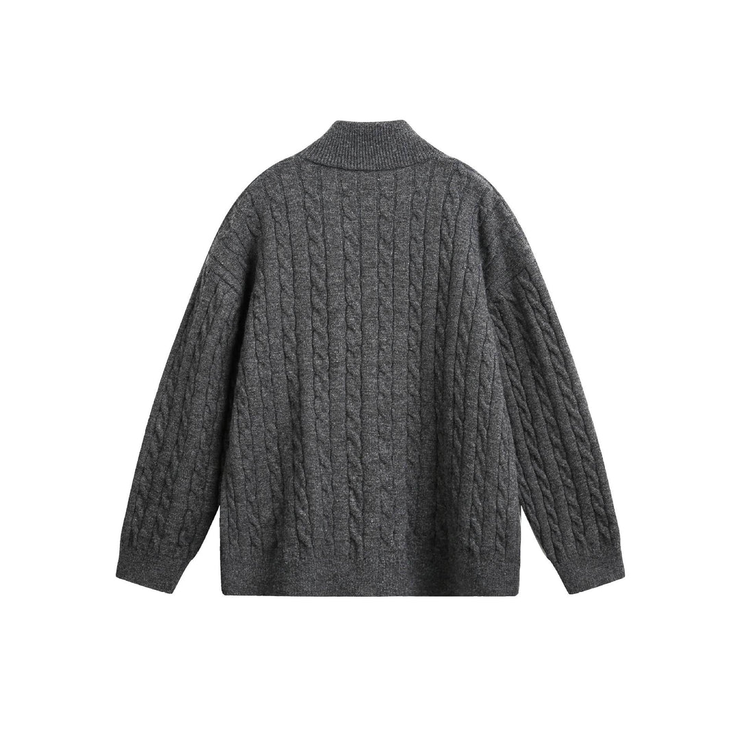 Unisex Grobstrick-Pullover mit Zopfmuster, hohem Stehkragen und Zwei-Wege-Reißverschluss Drune