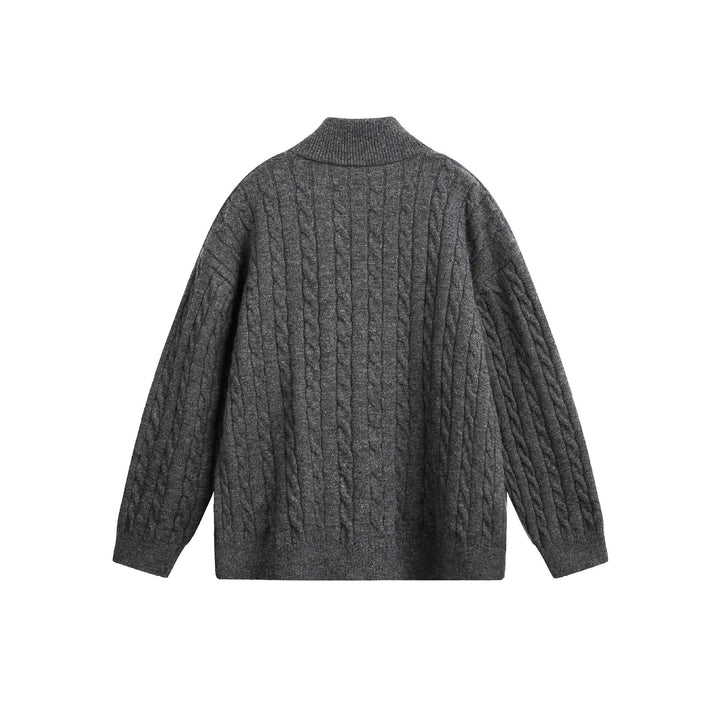 Unisex Grobstrick-Pullover mit Zopfmuster, hohem Stehkragen und Zwei-Wege-Reißverschluss Drune