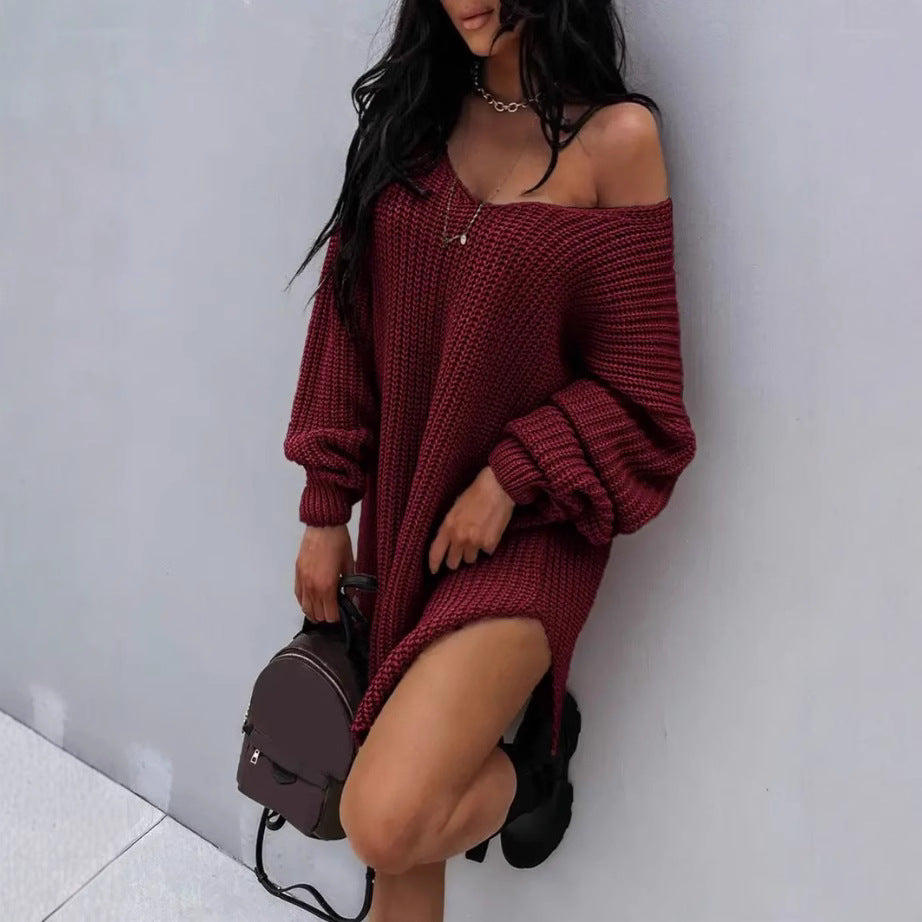 Damen Grobstrick Pullover mit V-Ausschnitt und weitem Schnitt Drune