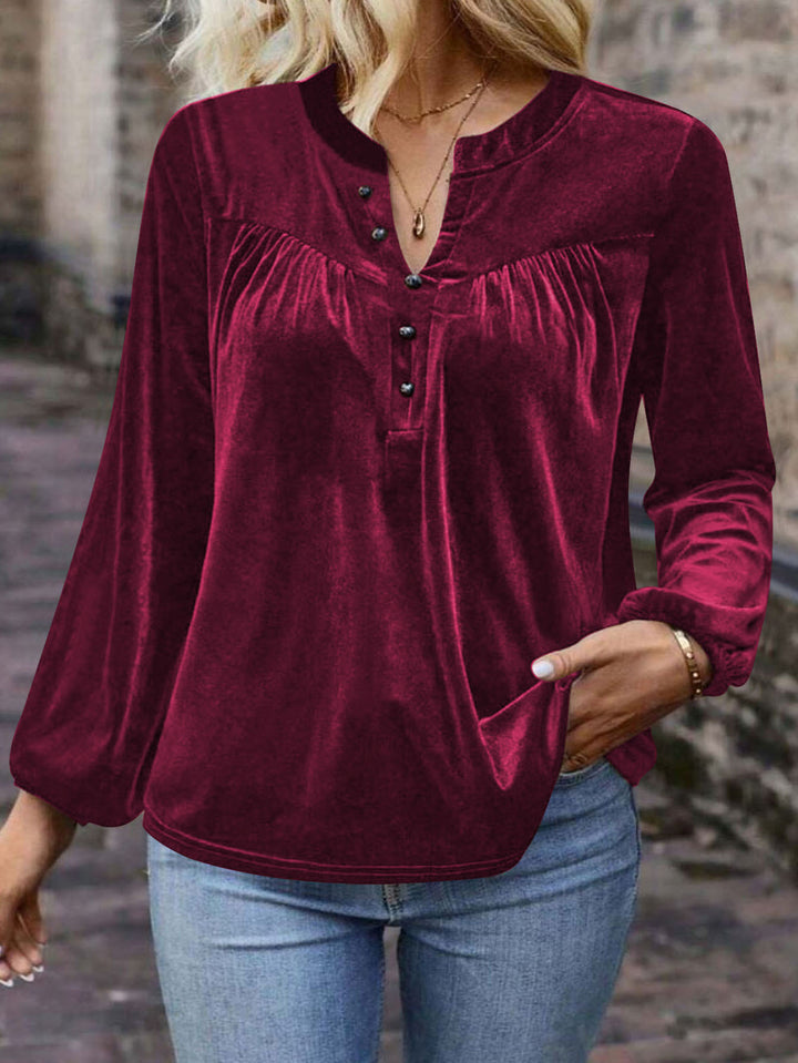 Damen Samtsweatshirt mit Henley-Knopfleiste, geraffter Brustpasse und lockerer Silhouette Drune