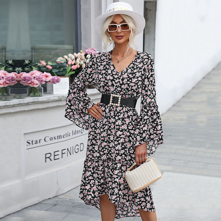 Damen Midikleid im Chiffon‑Look mit floralem Print, V‑Ausschnitt, Glockenärmeln und Stufenvolant Drune