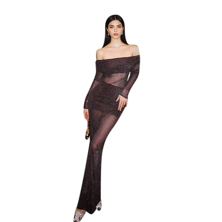 Damen elegantes schulterfreies Maxikleid mit Rüschendetails Drune