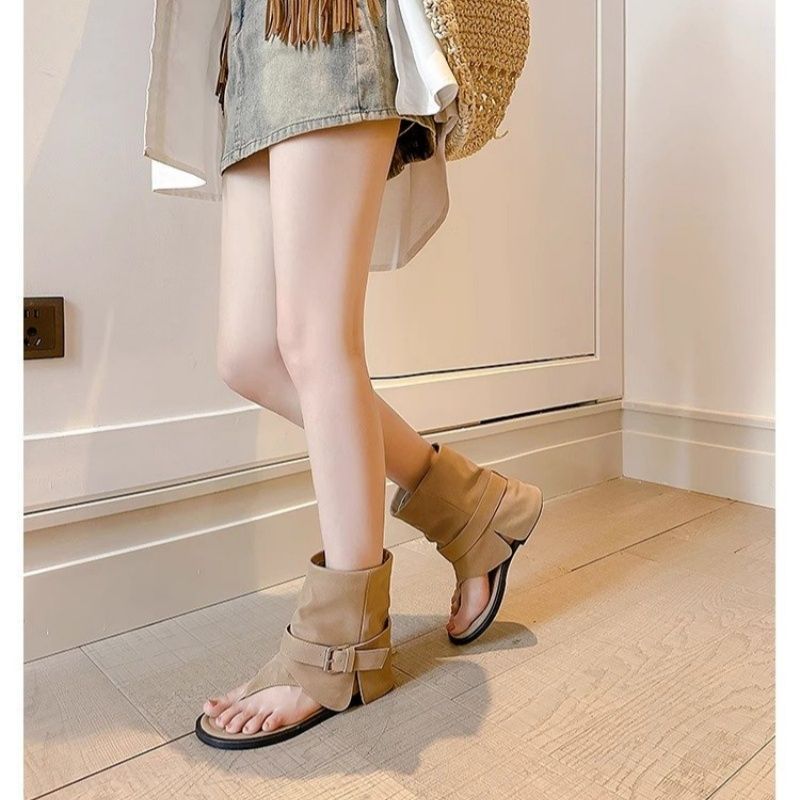 Damen Offene Sandalen‑Stiefelette mit Sockenkragen und Schnallenriemen Drune