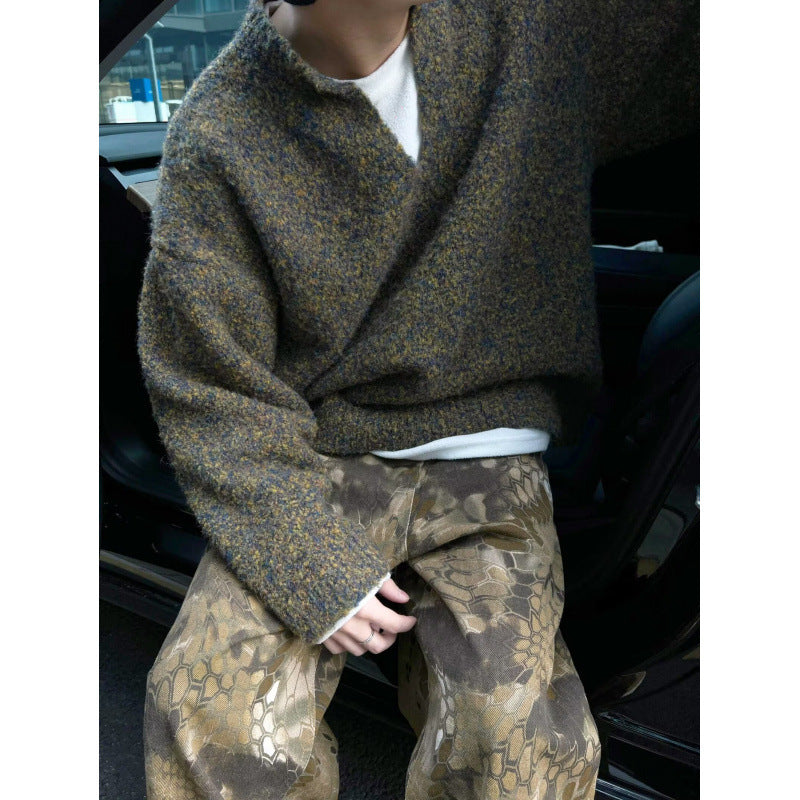 Herren Melangé Grobstrick-Pullover mit V-Schlitz und lockerem Oversize-Schnitt Drune