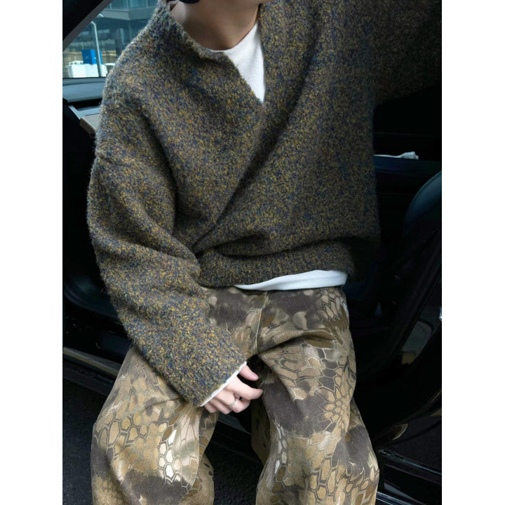 Herren Melangé Grobstrick-Pullover mit V-Schlitz und lockerem Oversize-Schnitt Drune