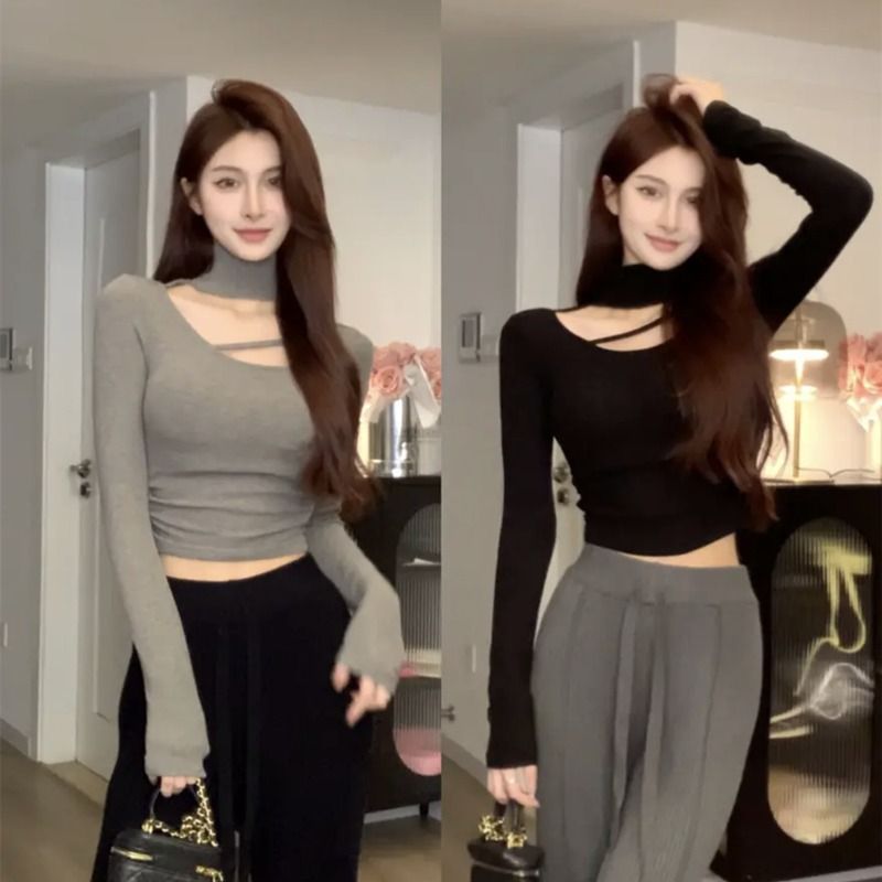 Damen langärmliges Oberteil mit stilvollem Cut-Out und hohem Kragen Drune