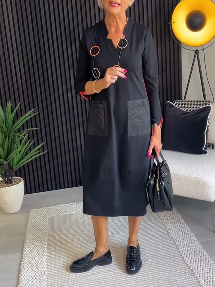 Damen nan knielanges, locker fallendes Kleid mit V-Ausschnitt Kontrasttaschen aus Satin und Dreiviertelärmeln Drune