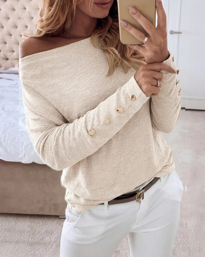 Damen Offshoulder Feinstrickpullover mit Zierknopfleiste an den Ärmeln Drune