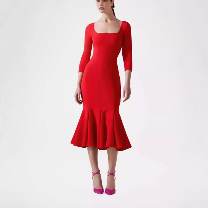 Damen Figurbetontes Midikleid mit quadratischem Ausschnitt und Meerjungfrauen-Saum Drune