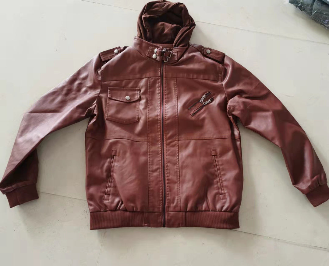 Herren stylische Kunstlederjacke mit Kapuze Drune