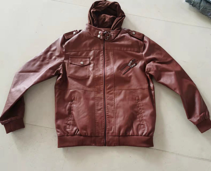 Herren stylische Kunstlederjacke mit Kapuze Drune