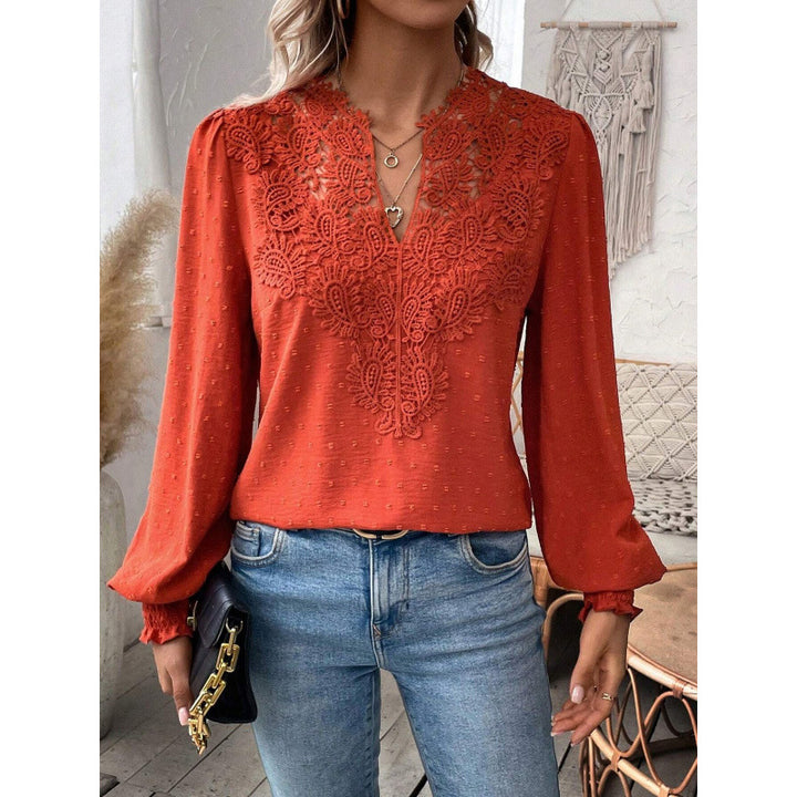 Damen Bluse mit gesticktem V-Ausschnitt und langen Ärmeln Drune