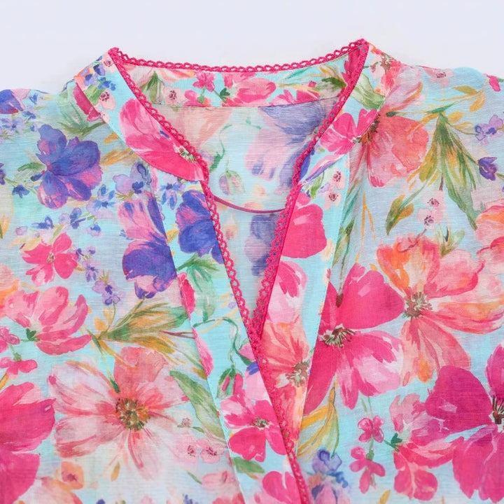 Damen Oversize‑Bluse mit leuchtendem Blumenprint, kastiger Silhouette und dreiviertelärmeln Drune